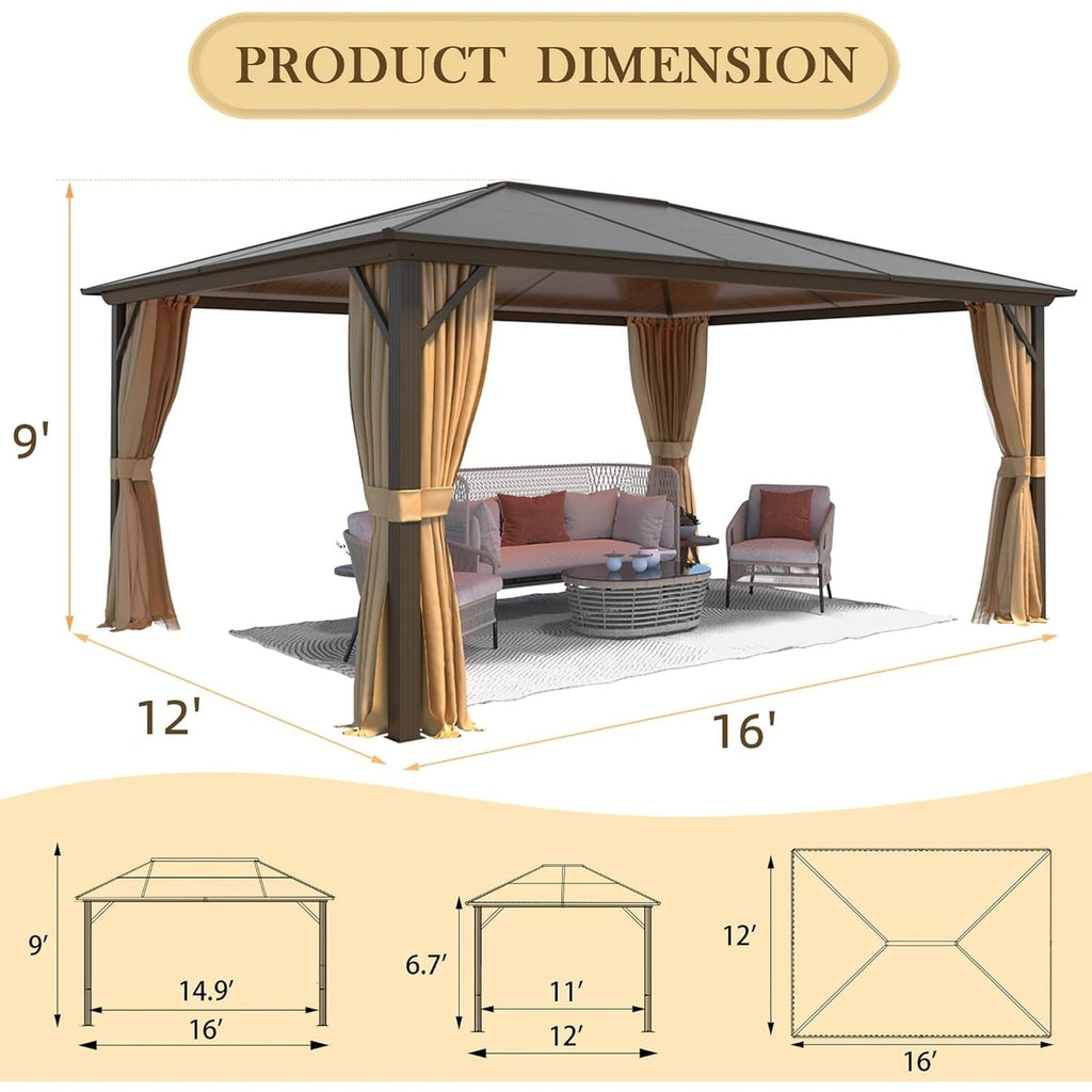 Gazebo à toit rigide pour jardin – Pergola permanente avec moustiquaire, rideaux et double toit, abri extérieur toutes saisons