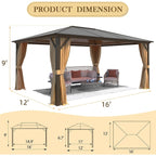 Gazebo à toit rigide pour jardin – Pergola permanente avec moustiquaire, rideaux et double toit, abri extérieur toutes saisons