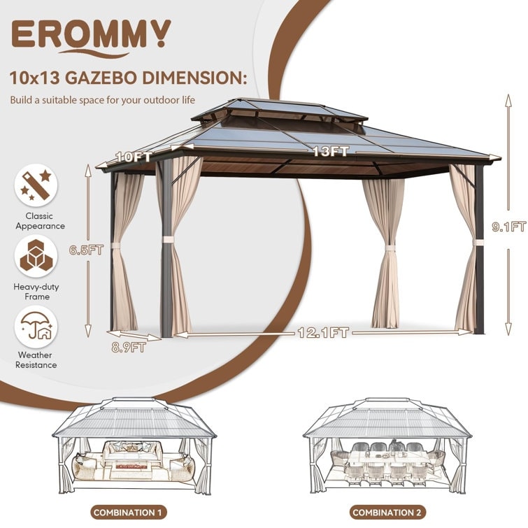 Gazebo à toit rigide pour jardin – Pergola permanente avec moustiquaire, rideaux et double toit, abri extérieur toutes saisons