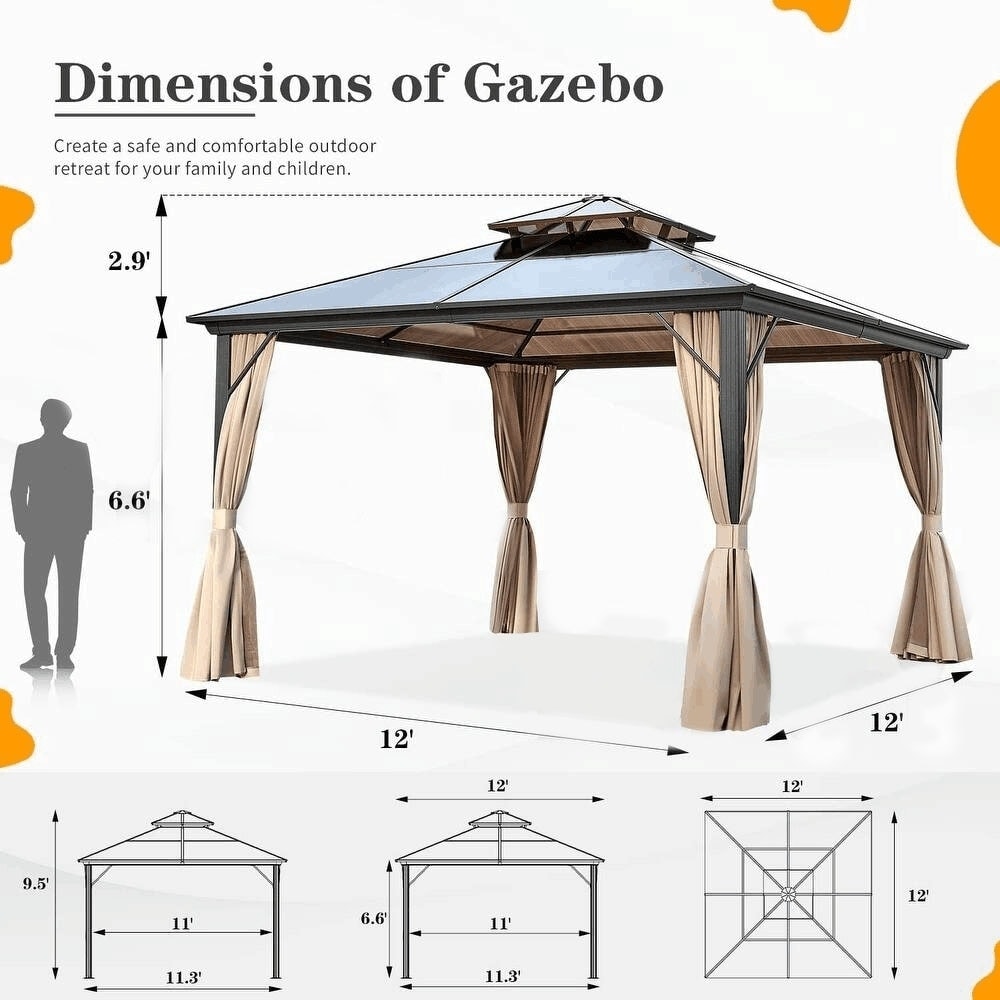 Gazebo à toit rigide pour jardin – Pergola permanente avec moustiquaire, rideaux et double toit, abri extérieur toutes saisons