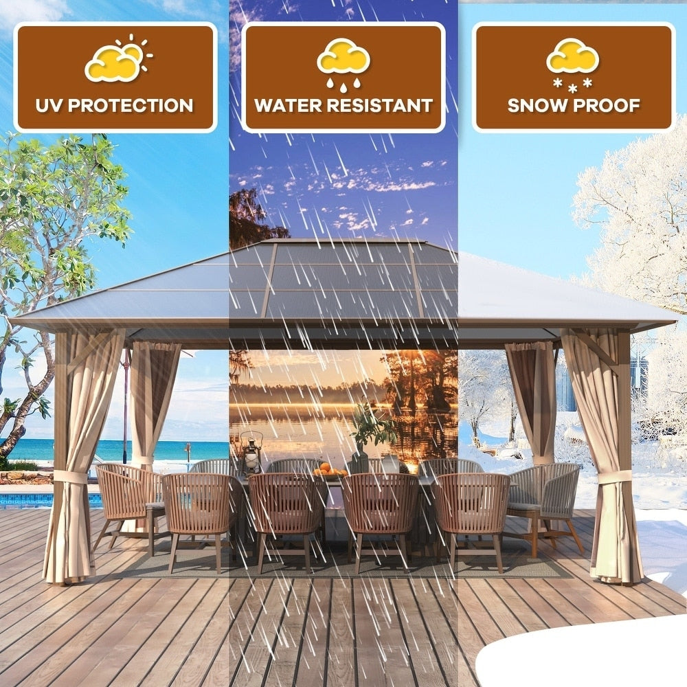 Gazebo à toit rigide pour jardin – Pergola permanente avec moustiquaire, rideaux et double toit, abri extérieur toutes saisons