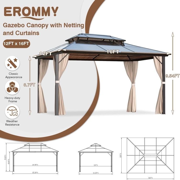 Gazebo à toit rigide pour jardin – Pergola permanente avec moustiquaire, rideaux et double toit, abri extérieur toutes saisons