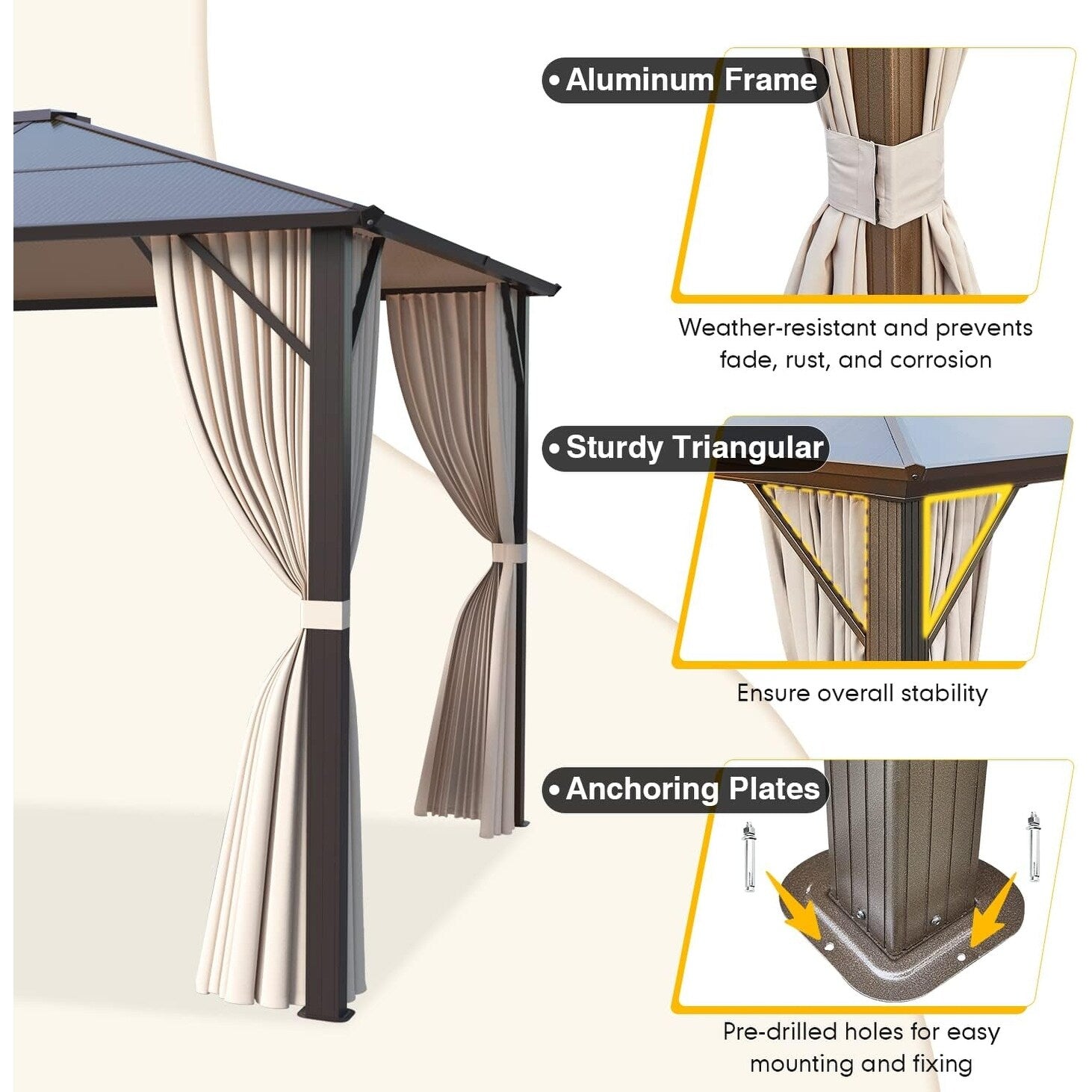 Gazebo à toit rigide pour jardin – Pergola permanente avec moustiquaire, rideaux et double toit, abri extérieur toutes saisons