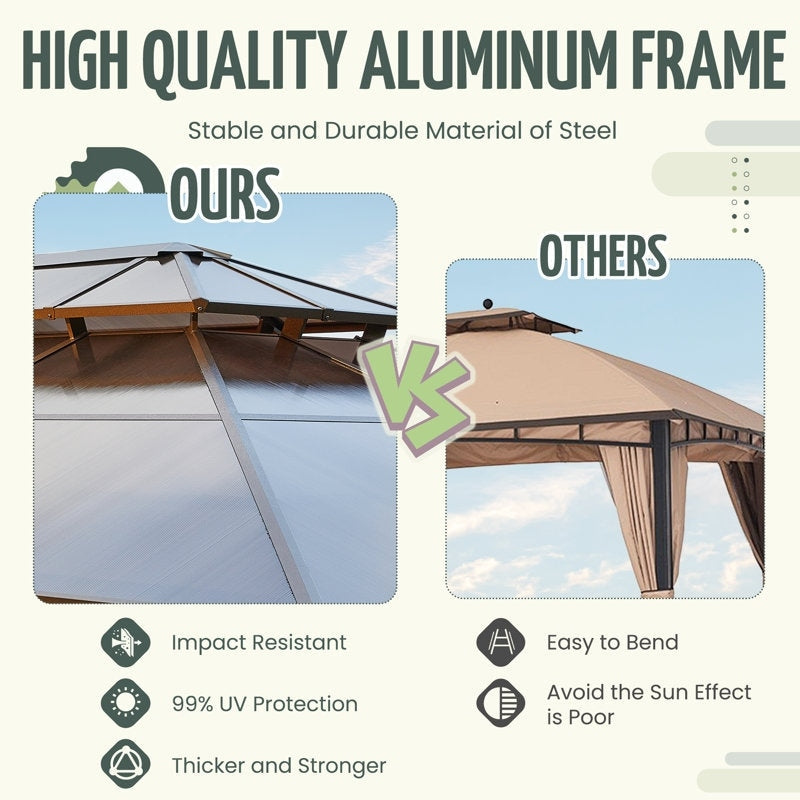 Gazebo à toit rigide pour jardin – Pergola permanente avec moustiquaire, rideaux et double toit, abri extérieur toutes saisons