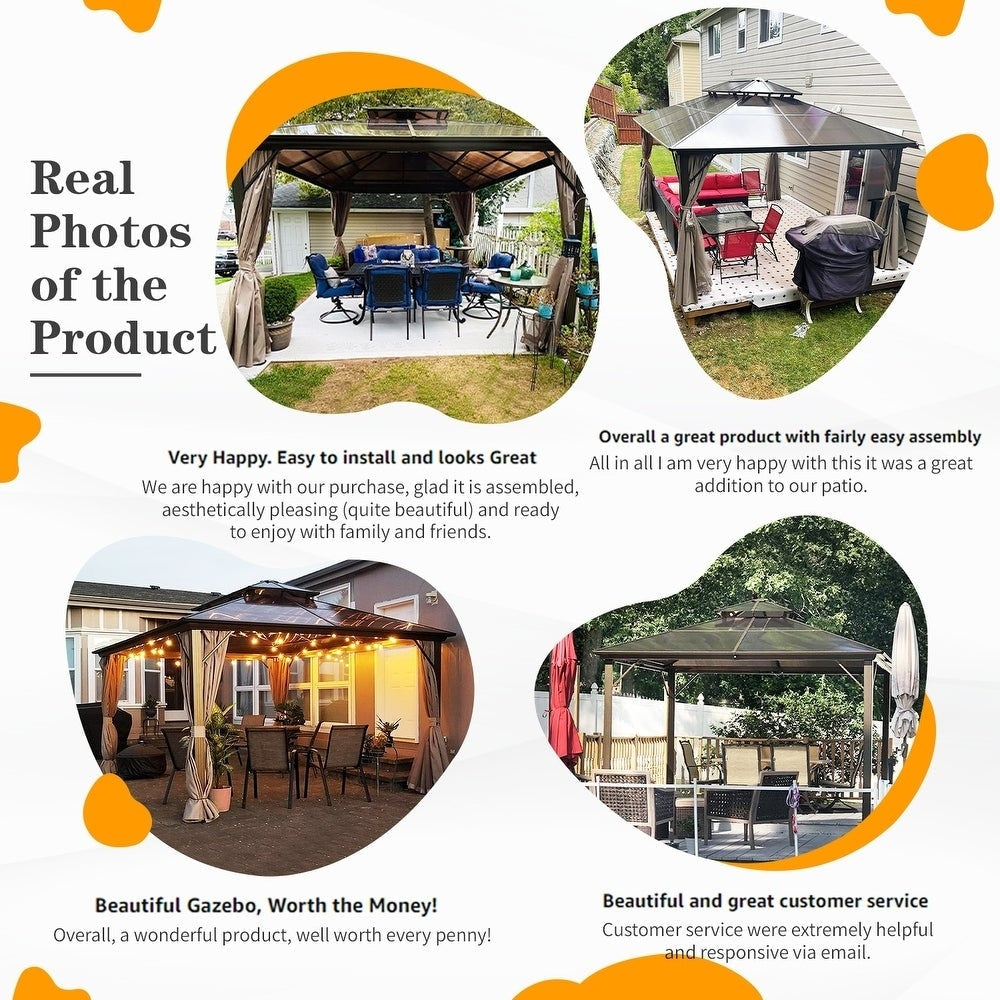 Gazebo à toit rigide pour jardin – Pergola permanente avec moustiquaire, rideaux et double toit, abri extérieur toutes saisons