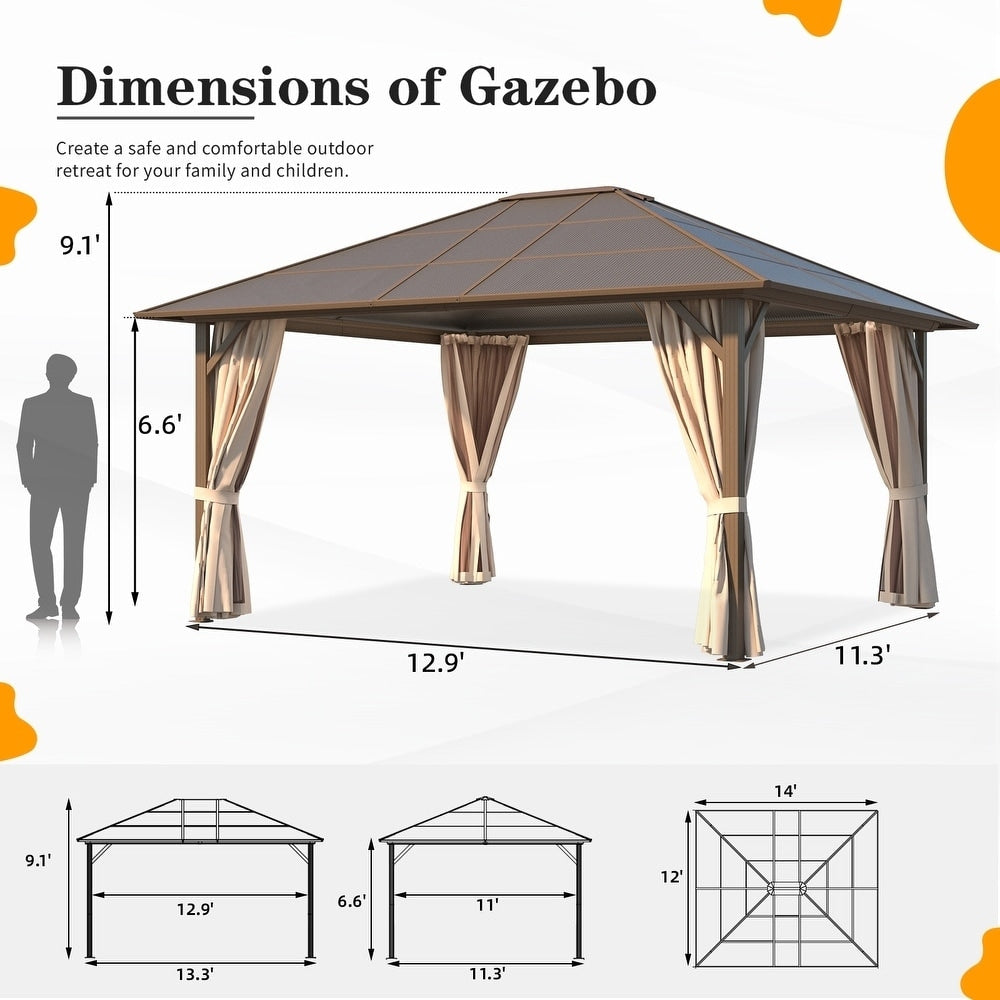 Gazebo à toit rigide pour jardin – Pergola permanente avec moustiquaire, rideaux et double toit, abri extérieur toutes saisons