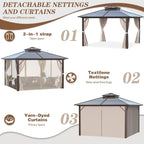 Gazebo à toit rigide pour jardin – Pergola permanente avec moustiquaire, rideaux et double toit, abri extérieur toutes saisons
