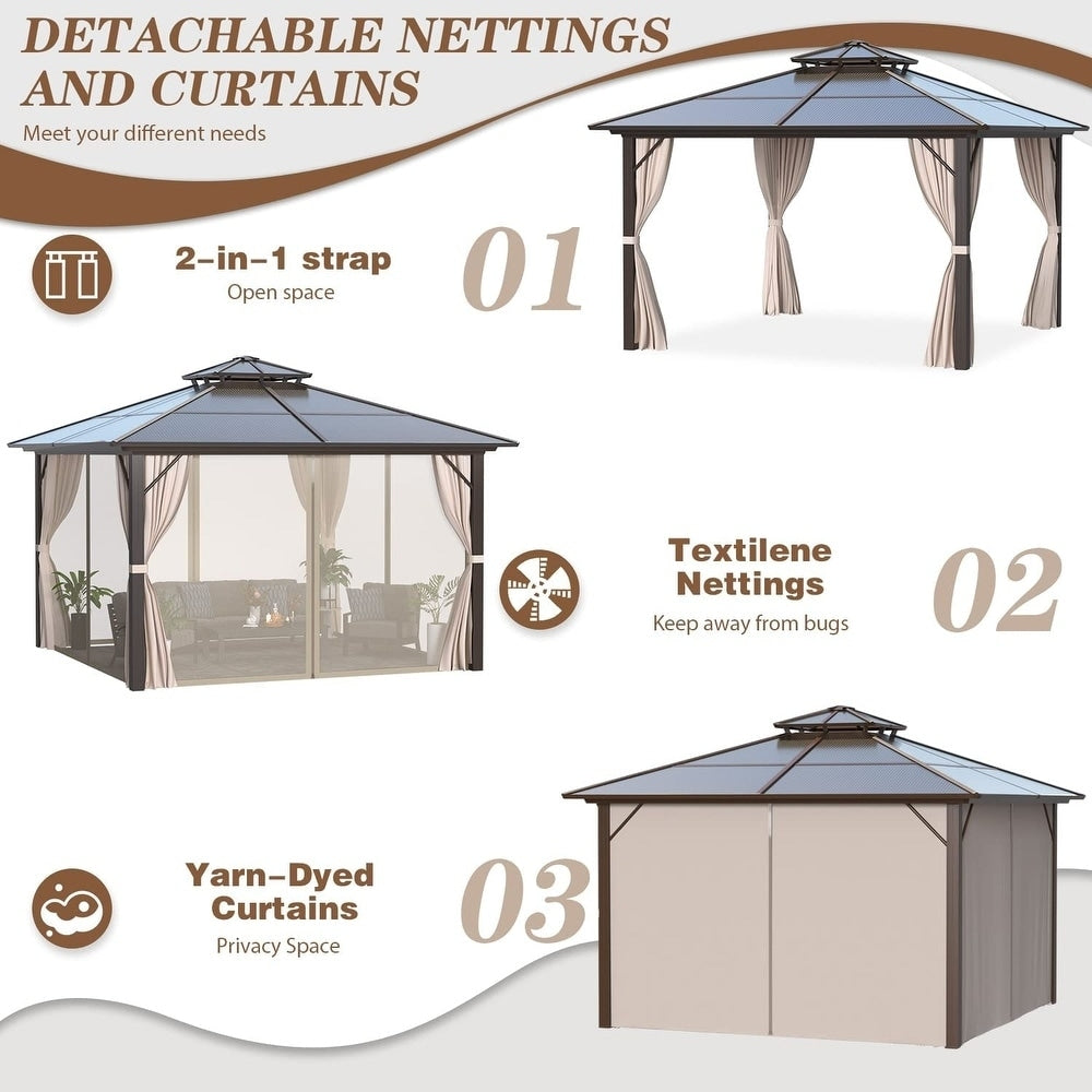 Gazebo à toit rigide pour jardin – Pergola permanente avec moustiquaire, rideaux et double toit, abri extérieur toutes saisons
