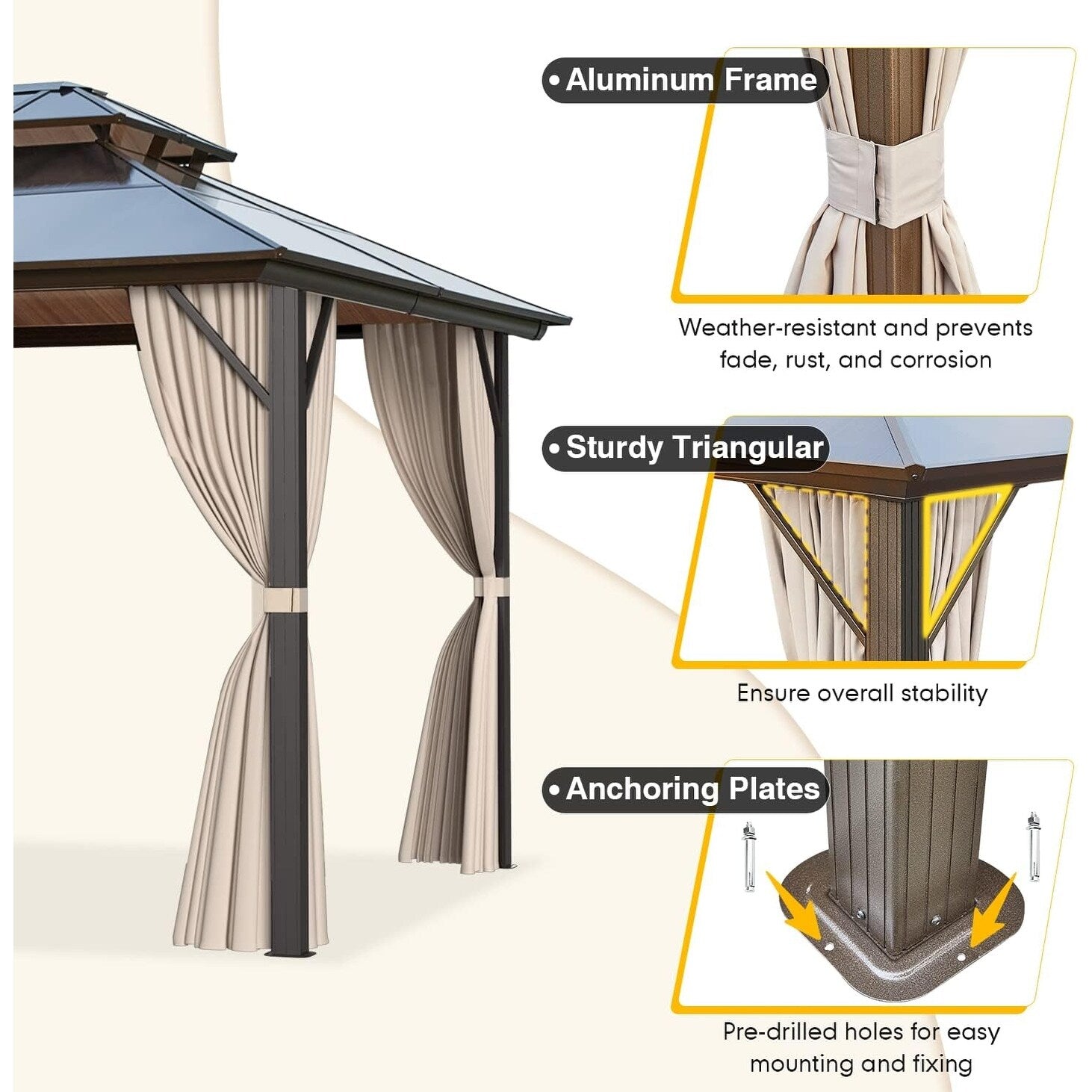 Gazebo à toit rigide pour jardin – Pergola permanente avec moustiquaire, rideaux et double toit, abri extérieur toutes saisons