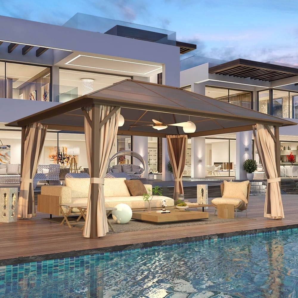 Gazebo à toit rigide pour jardin – Pergola permanente avec moustiquaire, rideaux et double toit, abri extérieur toutes saisons