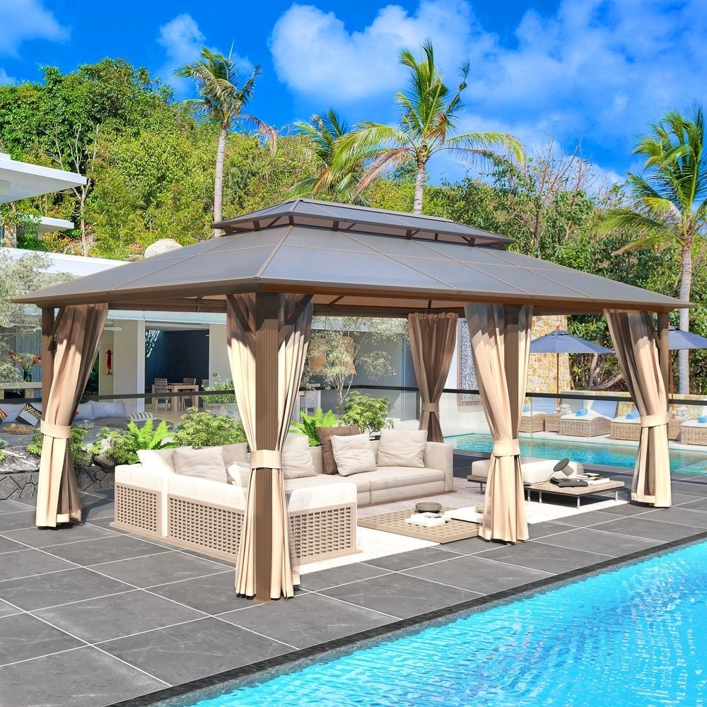 Gazebo à toit rigide pour jardin – Pergola permanente avec moustiquaire, rideaux et double toit, abri extérieur toutes saisons