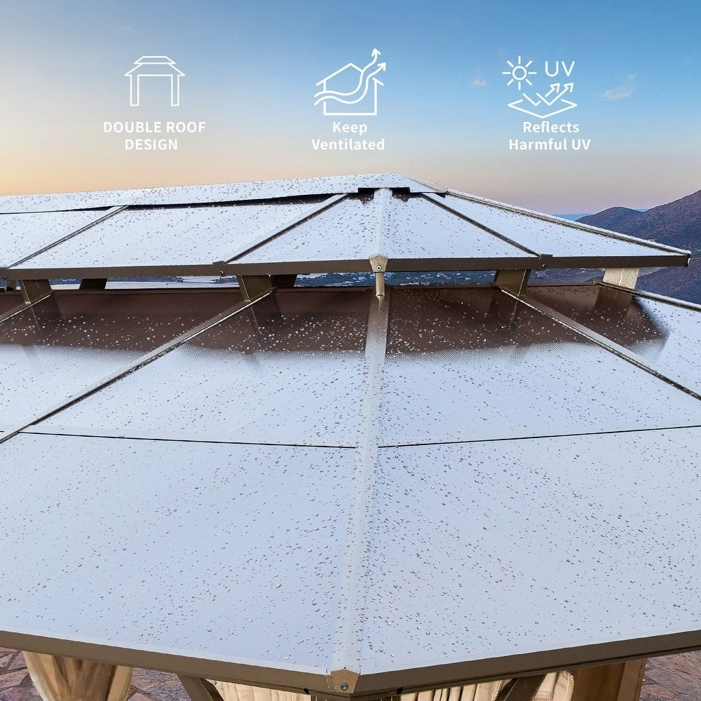 Gazebo à toit rigide pour jardin – Pergola permanente avec moustiquaire, rideaux et double toit, abri extérieur toutes saisons