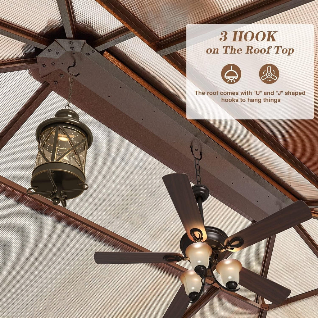 Gazebo à toit rigide pour jardin – Pergola permanente avec moustiquaire, rideaux et double toit, abri extérieur toutes saisons