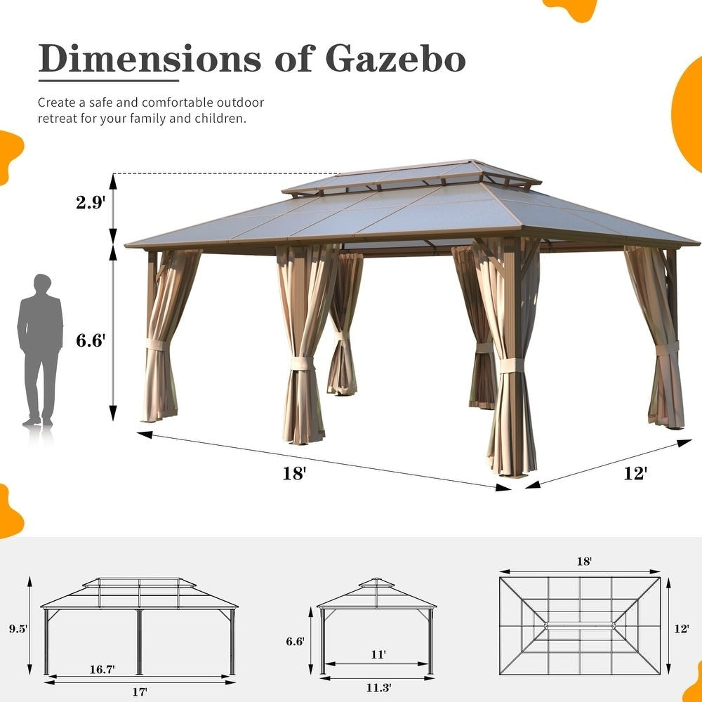 Gazebo à toit rigide pour jardin – Pergola permanente avec moustiquaire, rideaux et double toit, abri extérieur toutes saisons
