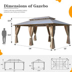 Gazebo à toit rigide pour jardin – Pergola permanente avec moustiquaire, rideaux et double toit, abri extérieur toutes saisons