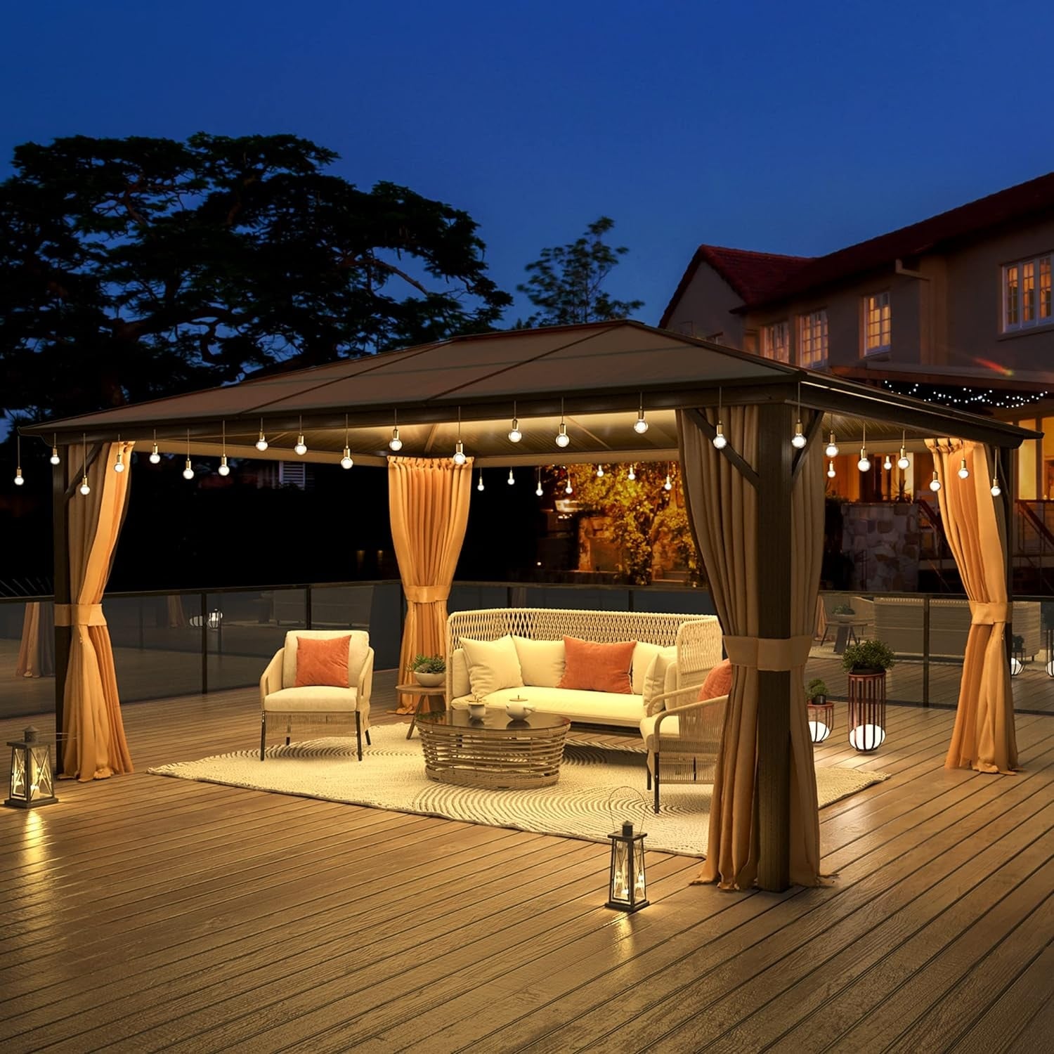 Gazebo à toit rigide pour jardin – Pergola permanente avec moustiquaire, rideaux et double toit, abri extérieur toutes saisons