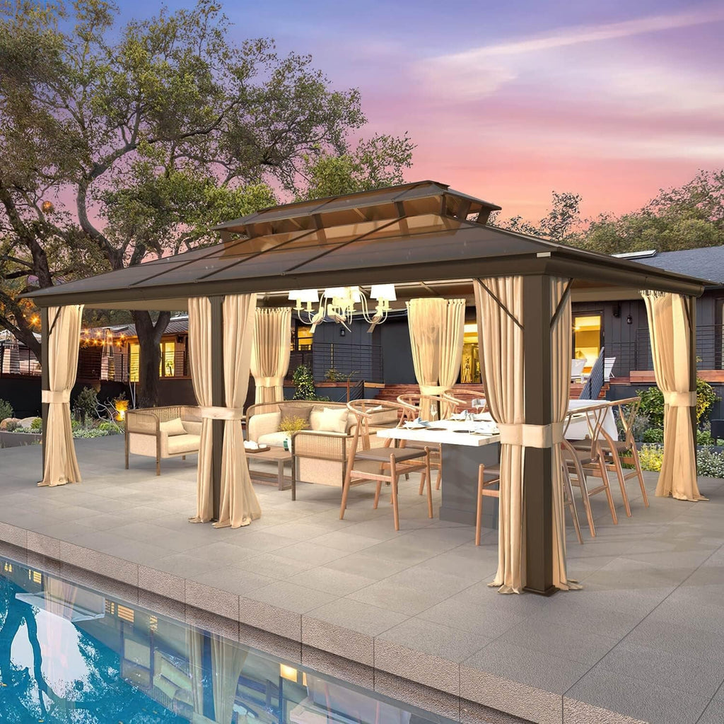 Gazebo à toit rigide pour jardin – Pergola permanente avec moustiquaire, rideaux et double toit, abri extérieur toutes saisons