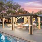 Gazebo à toit rigide pour jardin – Pergola permanente avec moustiquaire, rideaux et double toit, abri extérieur toutes saisons