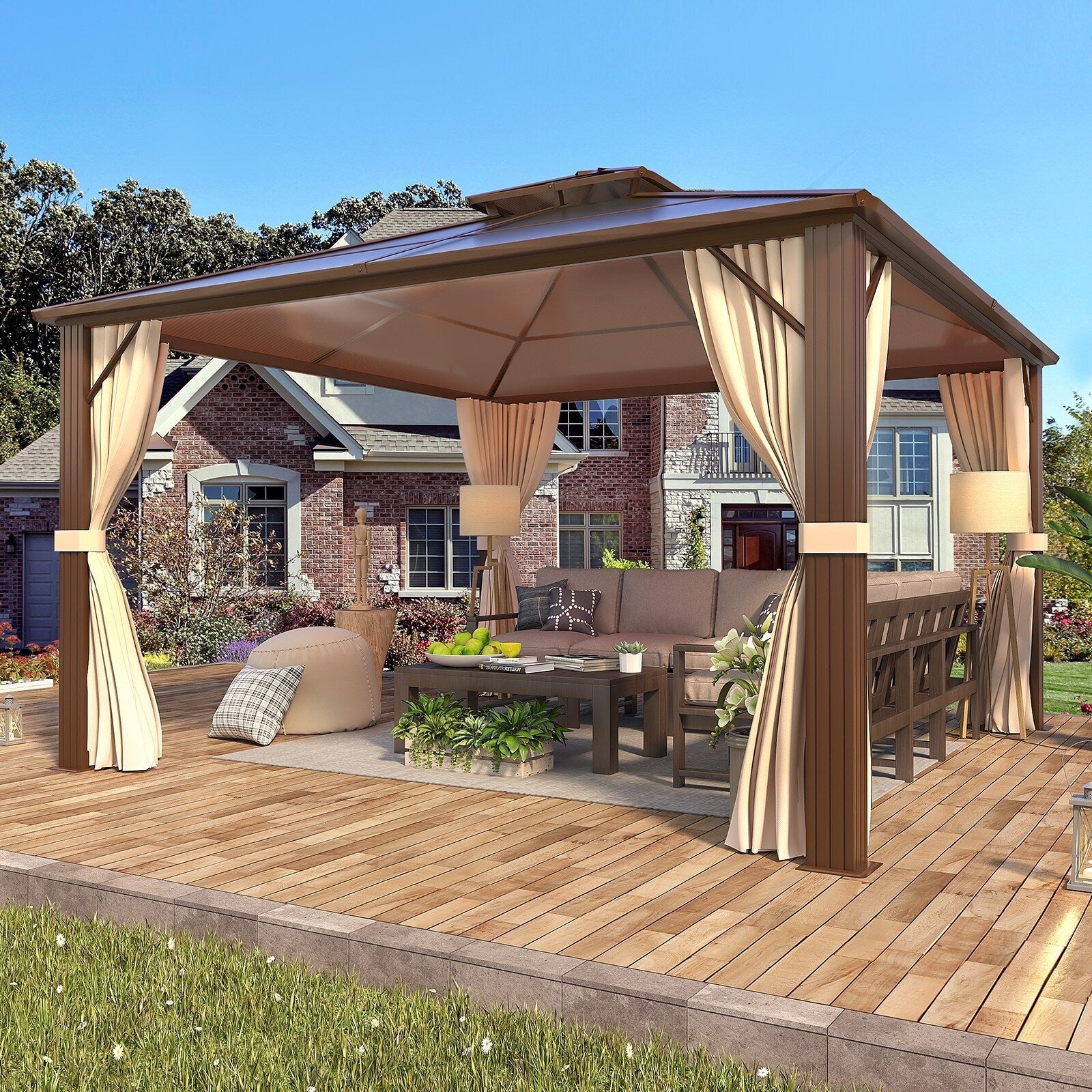 Gazebo à toit rigide pour jardin – Pergola permanente avec moustiquaire, rideaux et double toit, abri extérieur toutes saisons