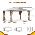 Gazebo à toit rigide pour jardin – Pergola permanente avec moustiquaire, rideaux et double toit, abri extérieur toutes saisons
