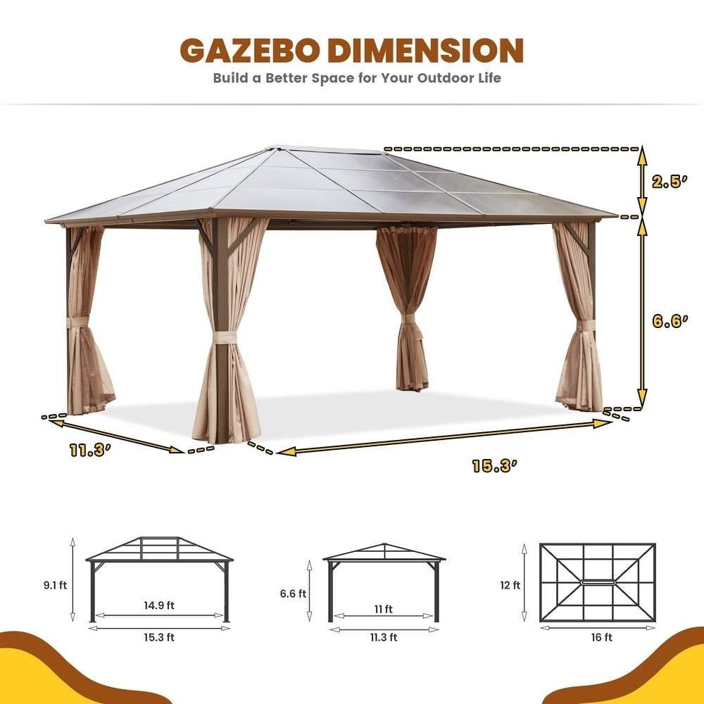 Gazebo à toit rigide pour jardin – Pergola permanente avec moustiquaire, rideaux et double toit, abri extérieur toutes saisons