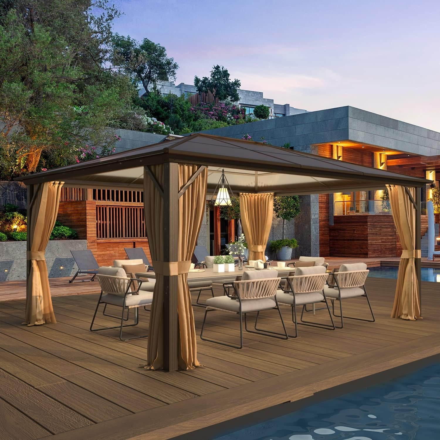 Gazebo à toit rigide pour jardin – Pergola permanente avec moustiquaire, rideaux et double toit, abri extérieur toutes saisons