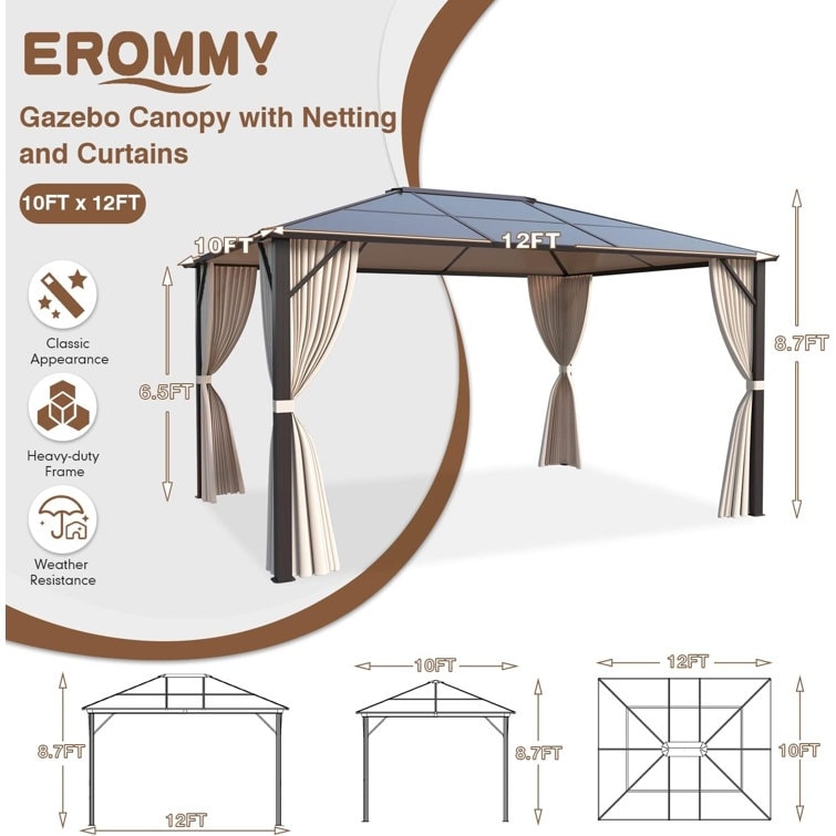 Gazebo à toit rigide pour jardin – Pergola permanente avec moustiquaire, rideaux et double toit, abri extérieur toutes saisons