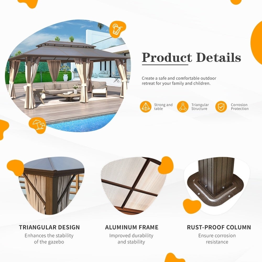 Gazebo à toit rigide pour jardin – Pergola permanente avec moustiquaire, rideaux et double toit, abri extérieur toutes saisons