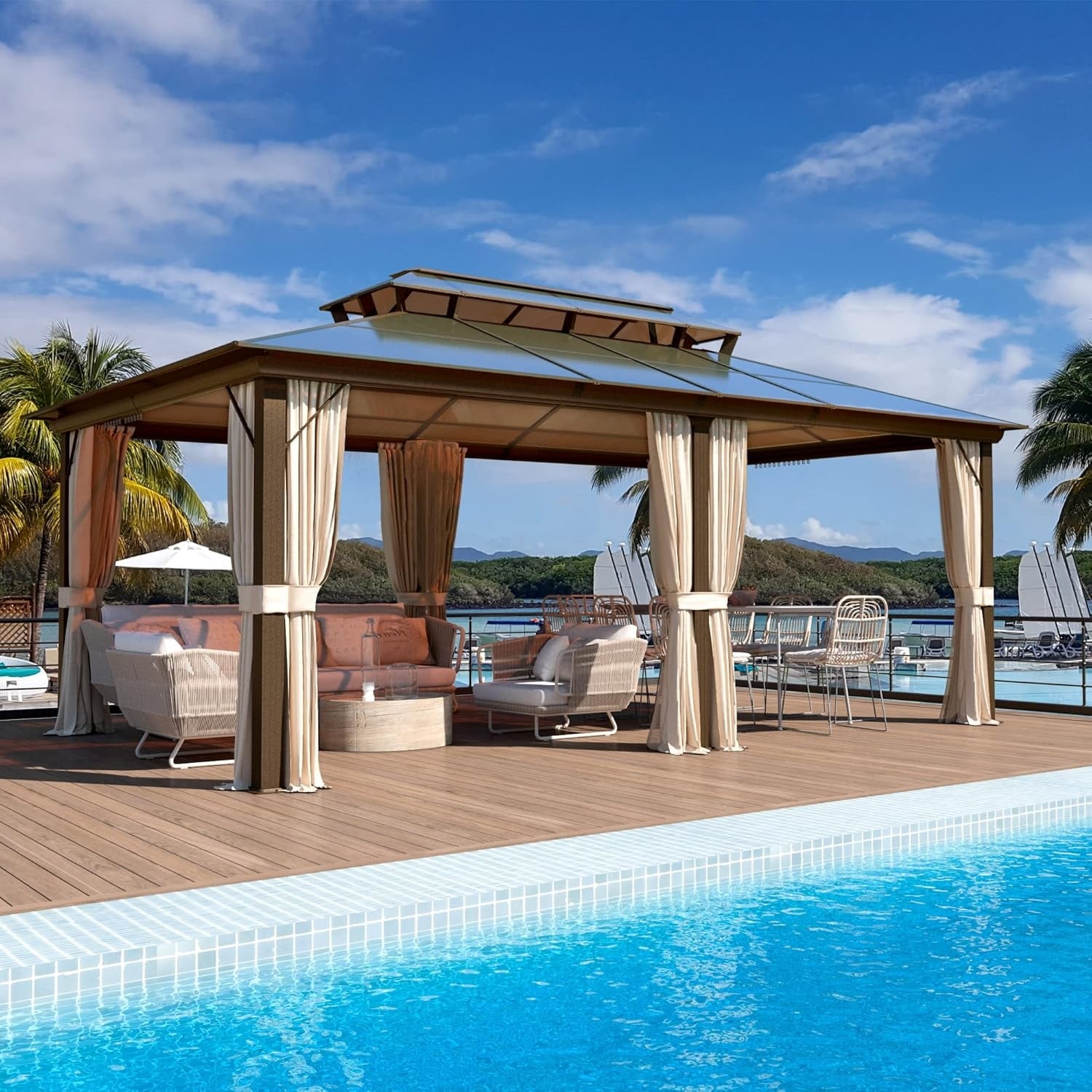 Gazebo à toit rigide pour jardin – Pergola permanente avec moustiquaire, rideaux et double toit, abri extérieur toutes saisons