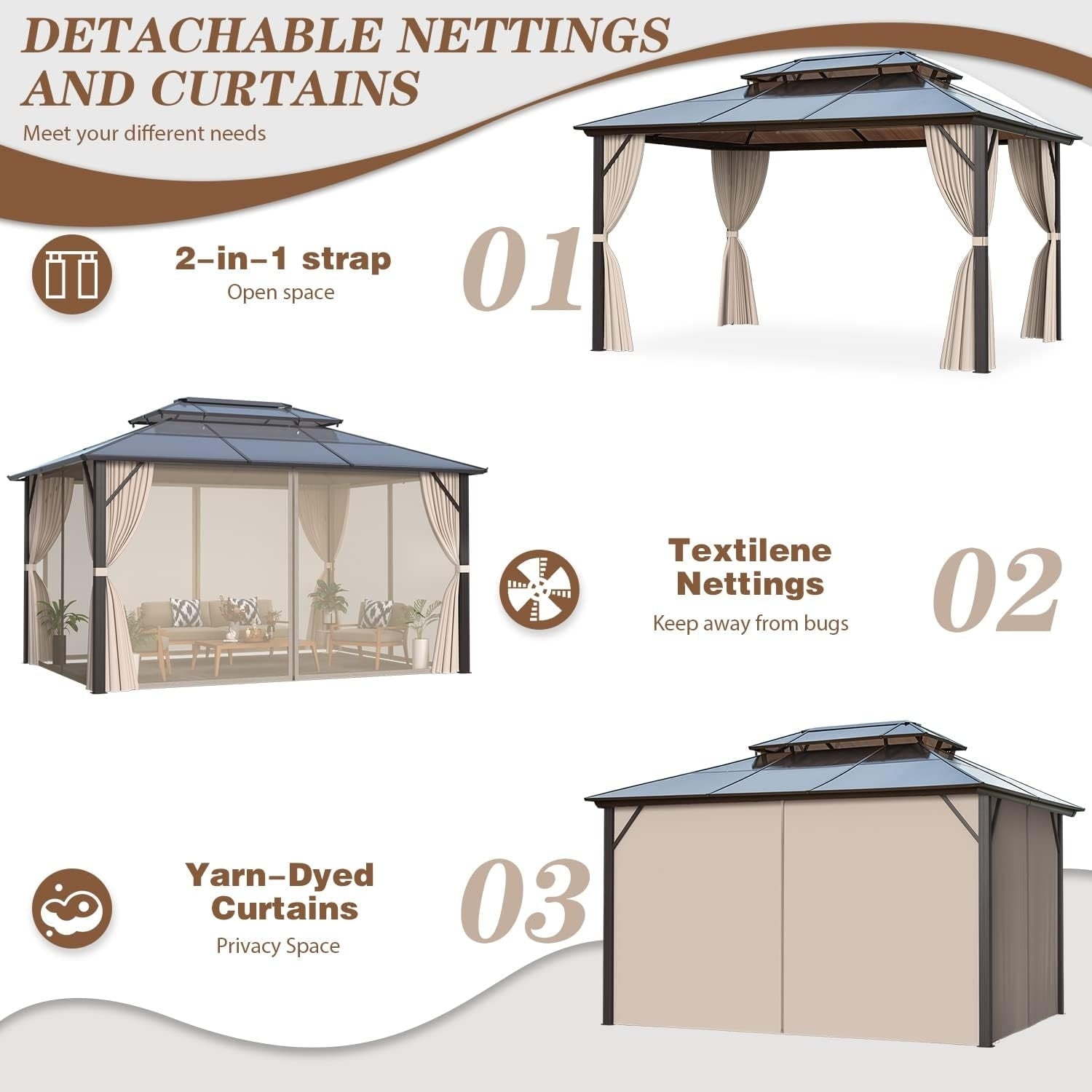Gazebo à toit rigide pour jardin – Pergola permanente avec moustiquaire, rideaux et double toit, abri extérieur toutes saisons