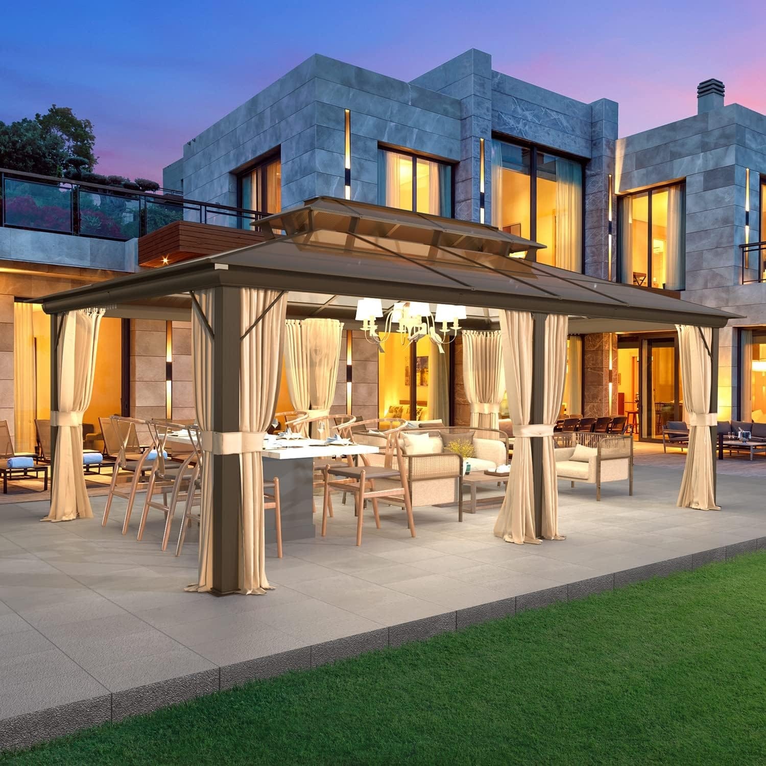 Gazebo à toit rigide pour jardin – Pergola permanente avec moustiquaire, rideaux et double toit, abri extérieur toutes saisons