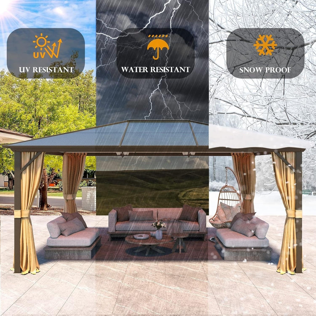 Gazebo à toit rigide pour jardin – Pergola permanente avec moustiquaire, rideaux et double toit, abri extérieur toutes saisons