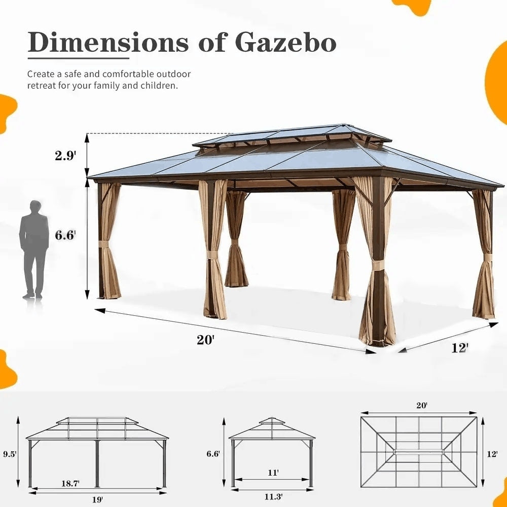 Gazebo à toit rigide pour jardin – Pergola permanente avec moustiquaire, rideaux et double toit, abri extérieur toutes saisons