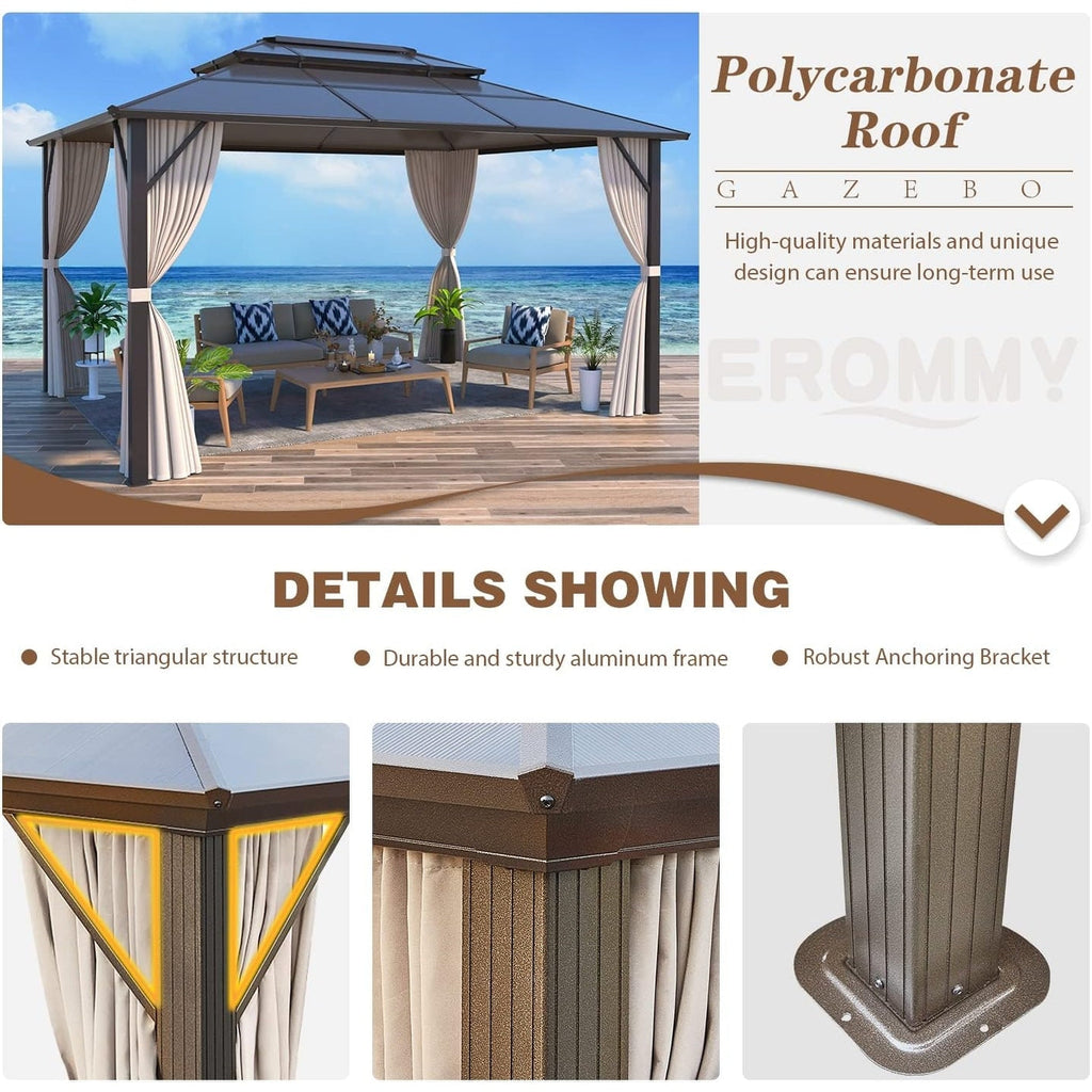 Gazebo à toit rigide pour jardin – Pergola permanente avec moustiquaire, rideaux et double toit, abri extérieur toutes saisons