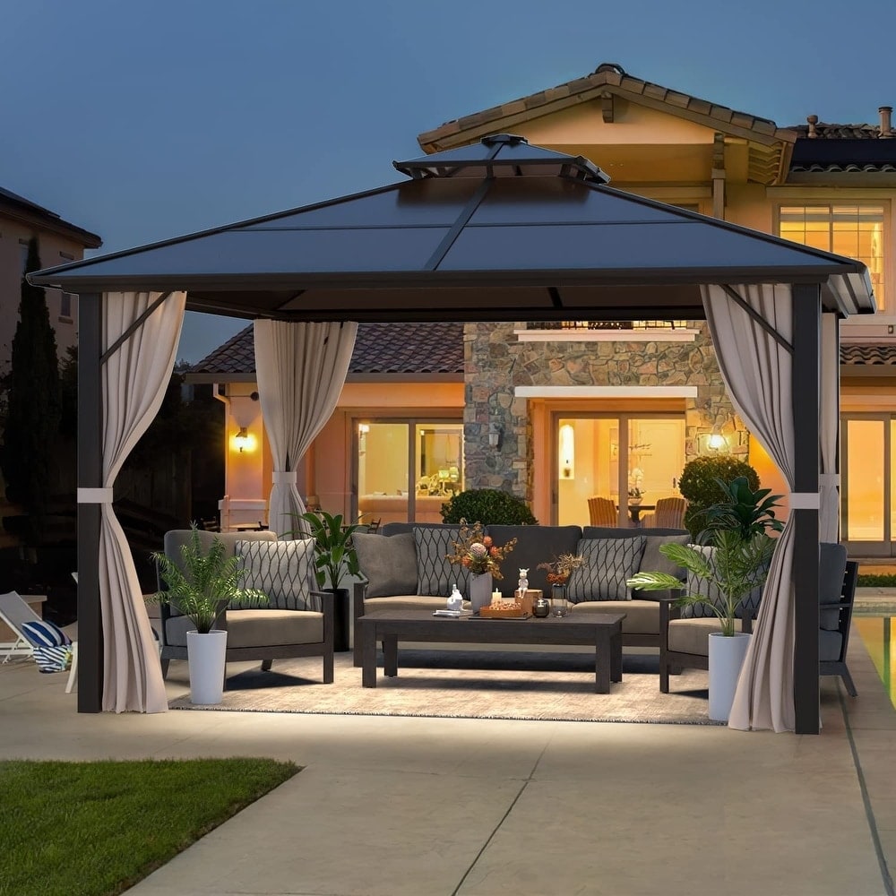 Gazebo à toit rigide pour jardin – Pergola permanente avec moustiquaire, rideaux et double toit, abri extérieur toutes saisons