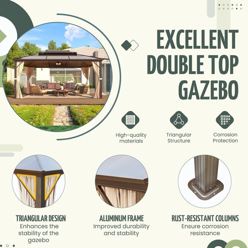 Gazebo à toit rigide pour jardin – Pergola permanente avec moustiquaire, rideaux et double toit, abri extérieur toutes saisons
