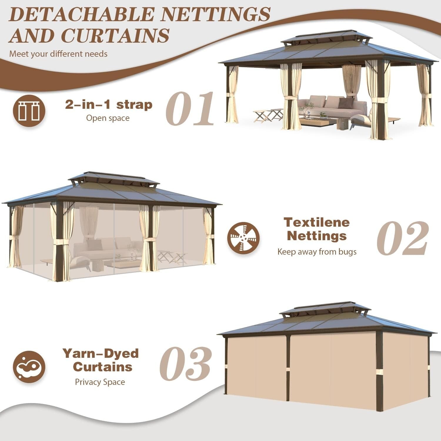 Gazebo à toit rigide pour jardin – Pergola permanente avec moustiquaire, rideaux et double toit, abri extérieur toutes saisons