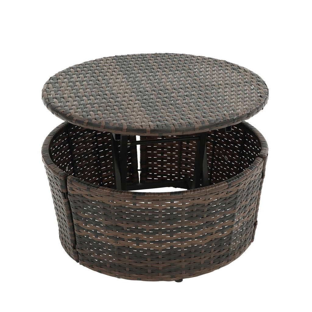 Lit de jour rond en rotin d'extérieur avec auvent et table basse relevable, canapé-lit bleu marine à assise profonde avec oreillers et coussins lavables