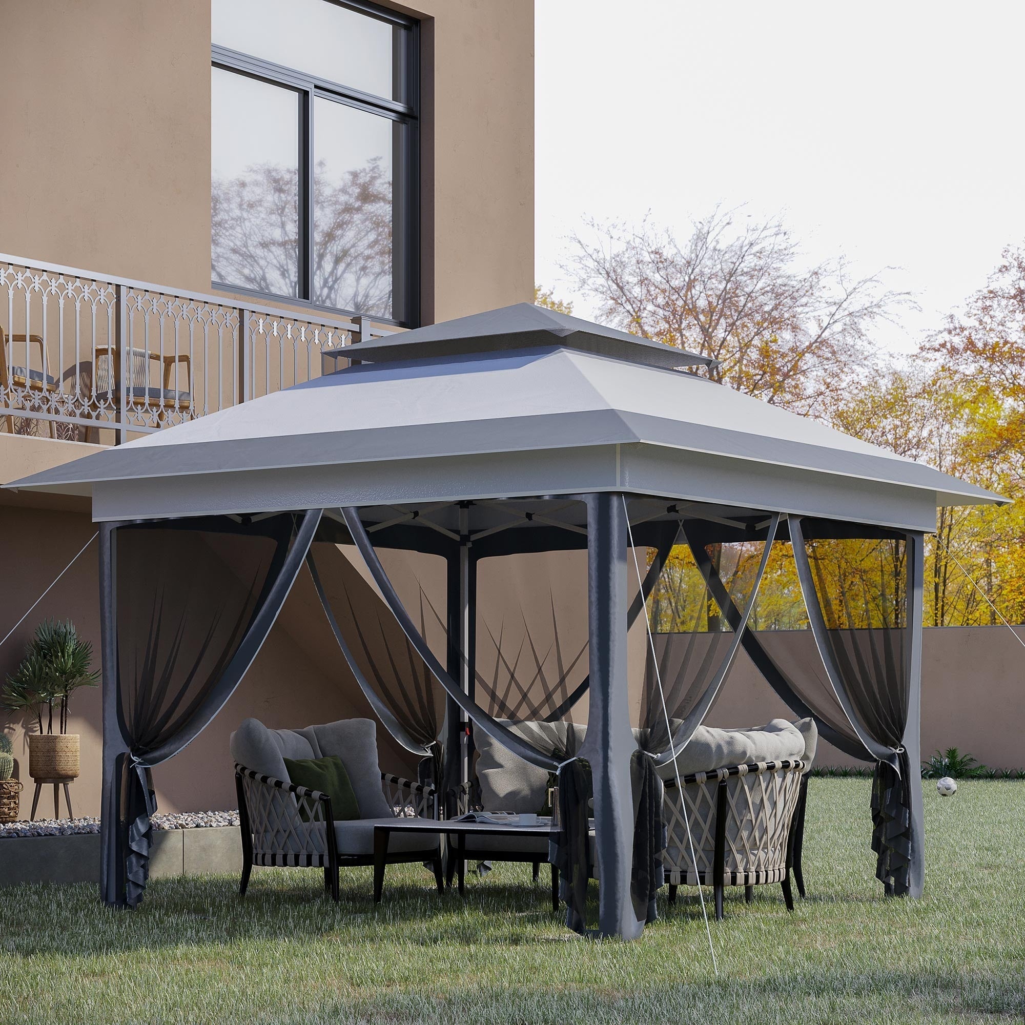 Outsunny Tente instantanée pliable avec auvent pare-soleil à ouverture rapide, 3,6 m x 3,6 m, avec moustiquaire latérale et hauteur réglable sur 3 niveaux.