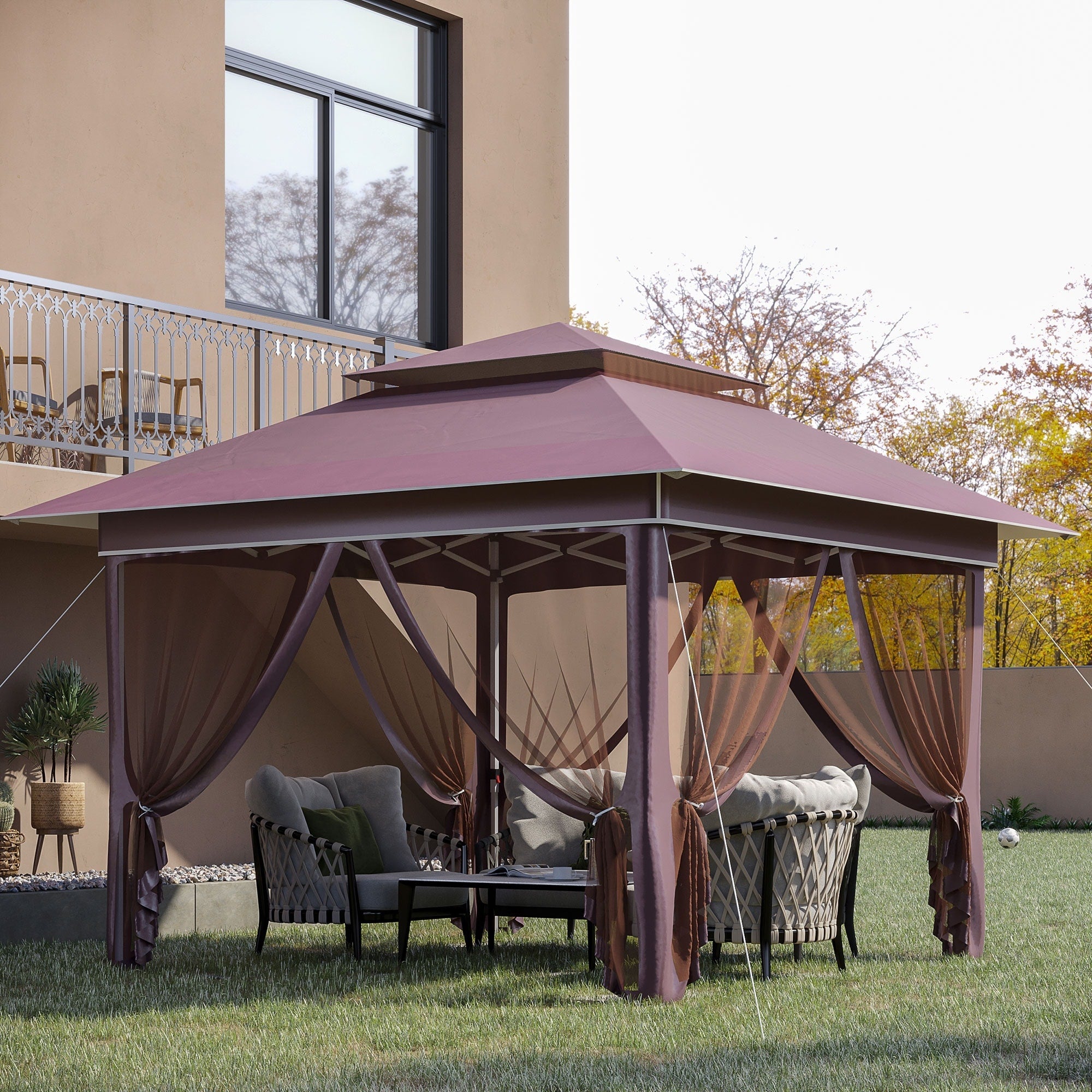 Outsunny Tente instantanée pliable avec auvent pare-soleil à ouverture rapide, 3,6 m x 3,6 m, avec moustiquaire latérale et hauteur réglable sur 3 niveaux.