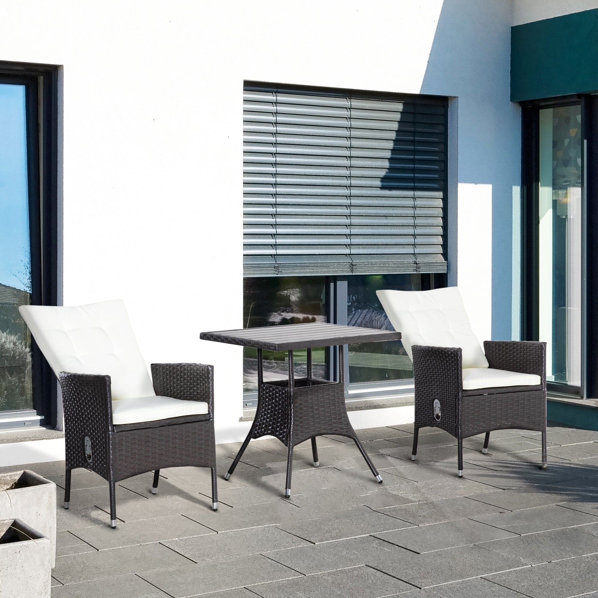 Outsunny Ensemble de canapé en rotin PE pour patio, 3 pièces, chaises inclinables d'extérieur, table basse en plastique imitation bois