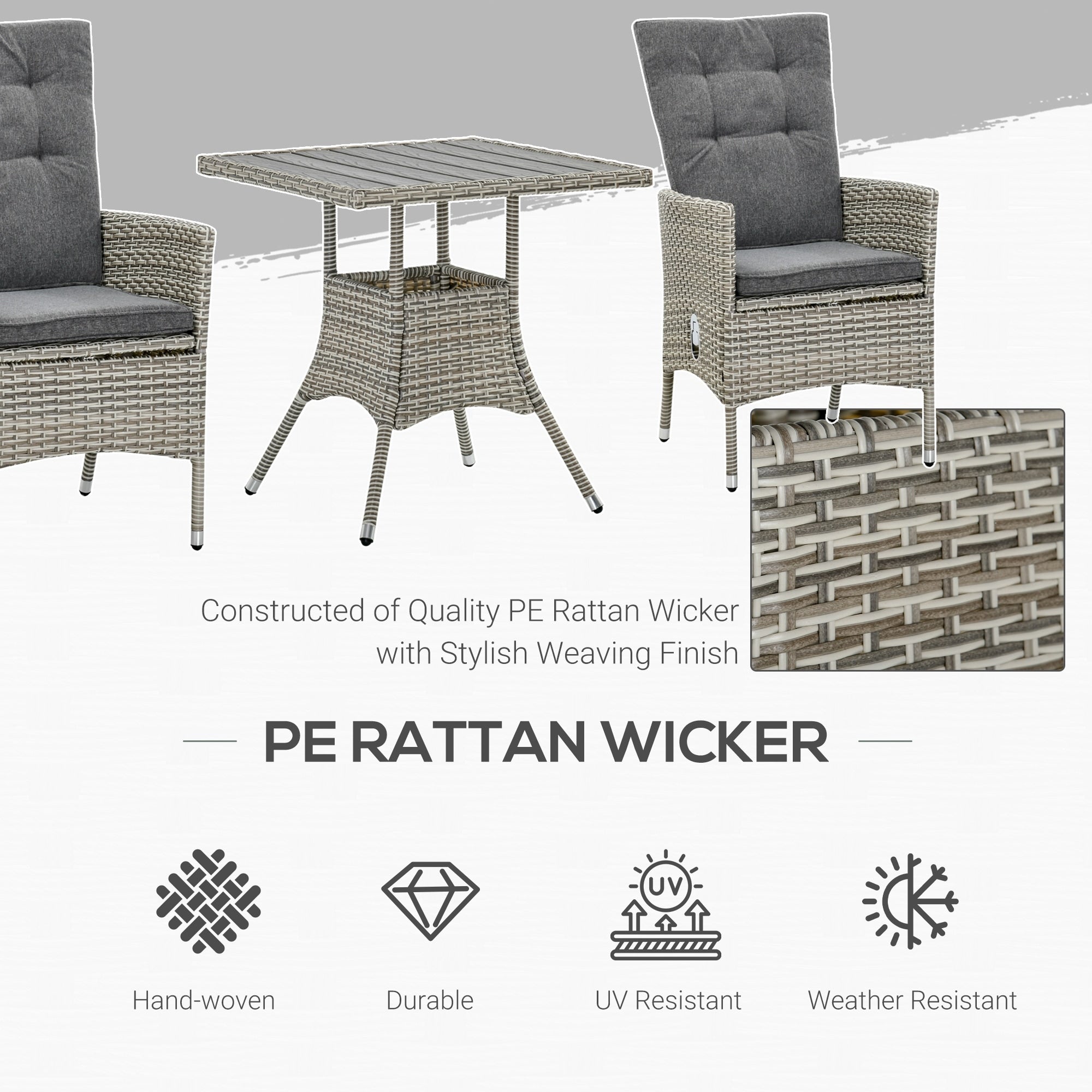 Outsunny Ensemble de canapé en rotin PE pour patio, 3 pièces, chaises inclinables d'extérieur, table basse en plastique imitation bois