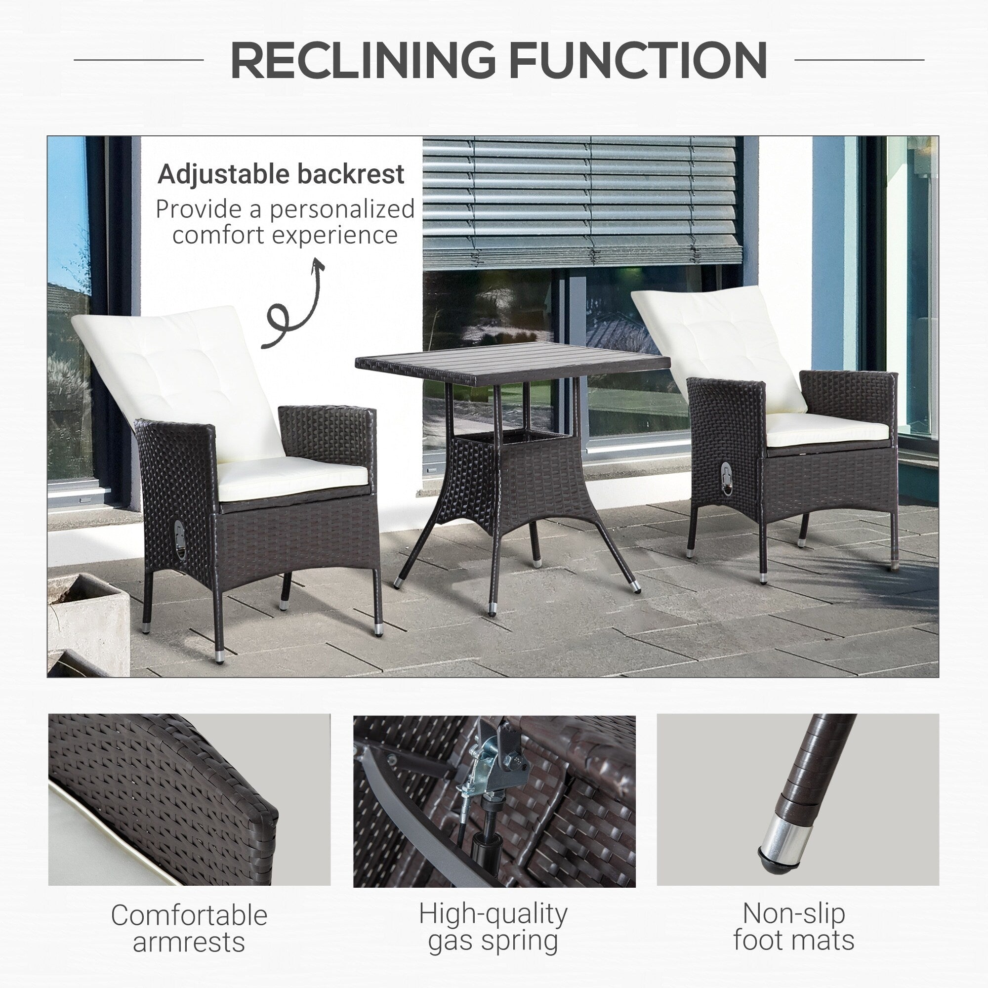 Outsunny Ensemble de canapé en rotin PE pour patio, 3 pièces, chaises inclinables d'extérieur, table basse en plastique imitation bois