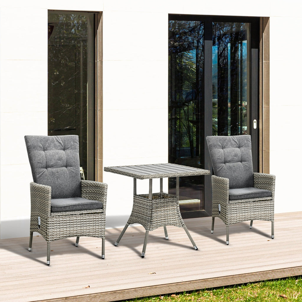 Outsunny Ensemble de canapé en rotin PE pour patio, 3 pièces, chaises inclinables d'extérieur, table basse en plastique imitation bois