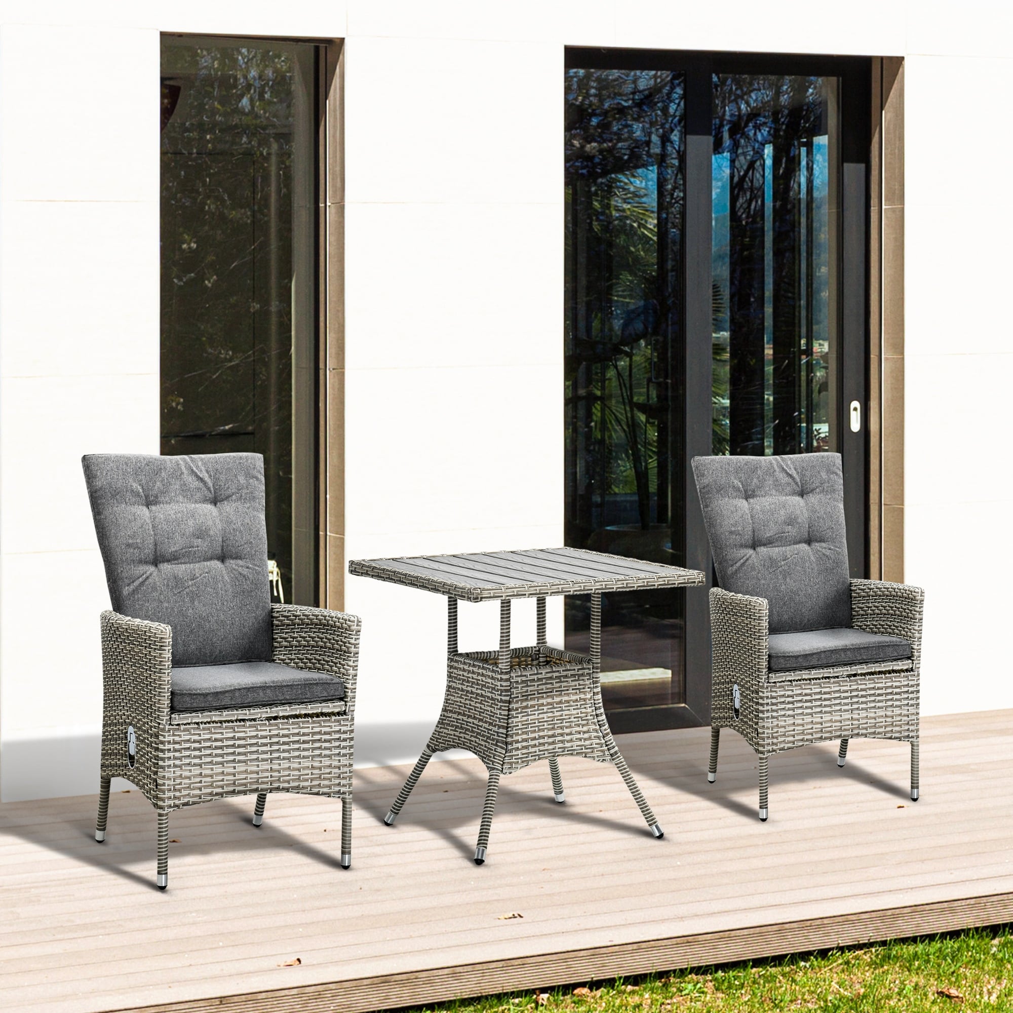 Outsunny Ensemble de canapé en rotin PE pour patio, 3 pièces, chaises inclinables d'extérieur, table basse en plastique imitation bois