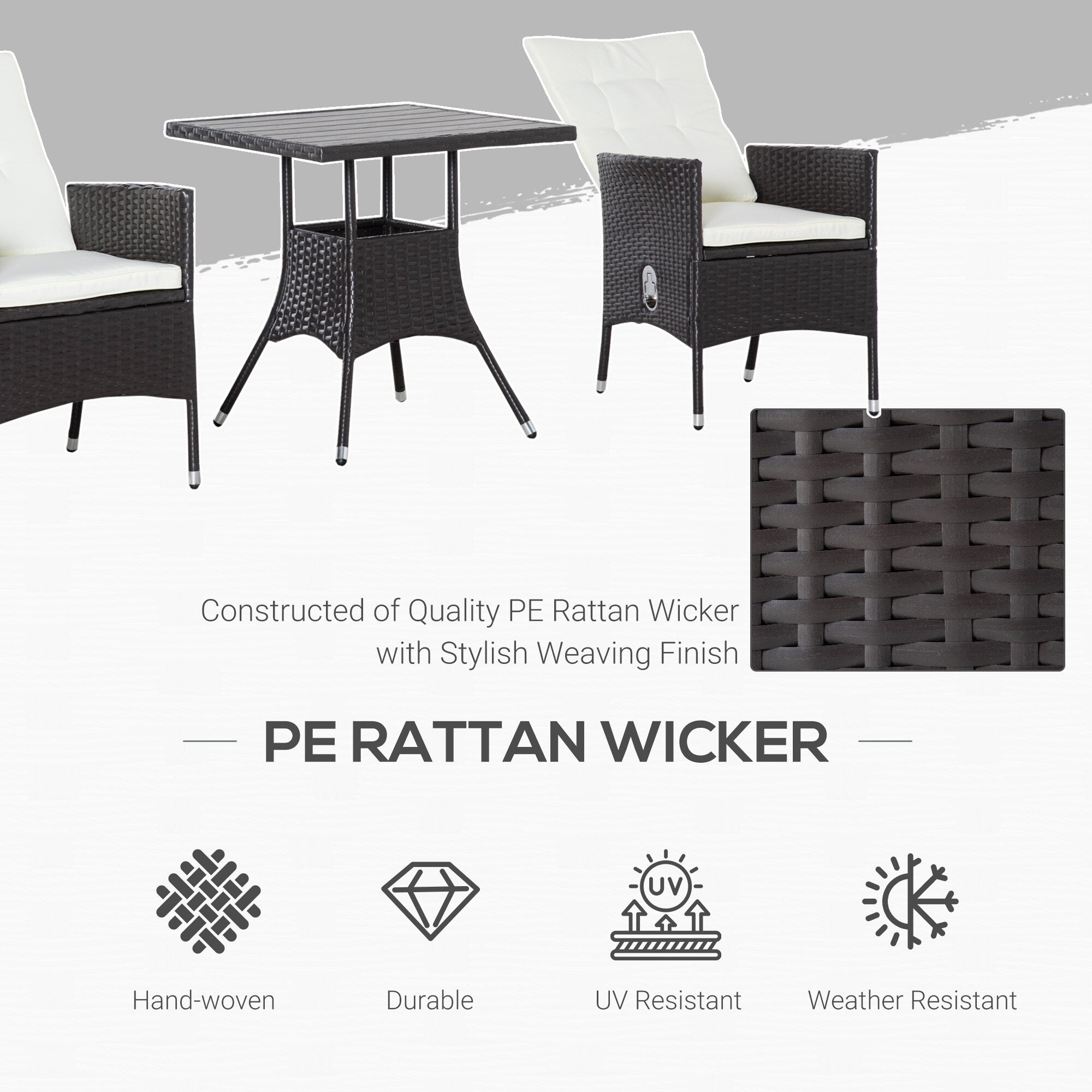 Outsunny Ensemble de canapé en rotin PE pour patio, 3 pièces, chaises inclinables d'extérieur, table basse en plastique imitation bois