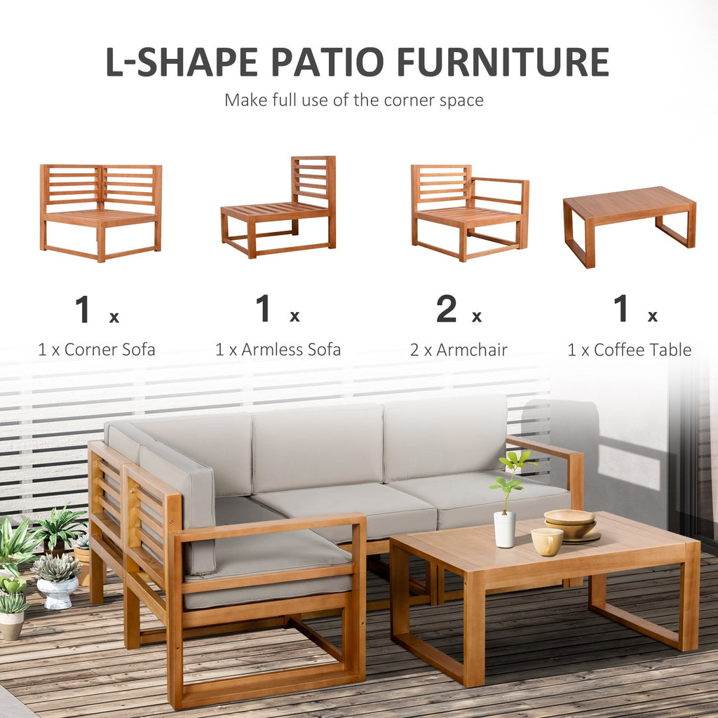 Ensemble de mobilier de patio Outsunny 5 pièces en forme de L, canapé d'angle extérieur en bois, gris