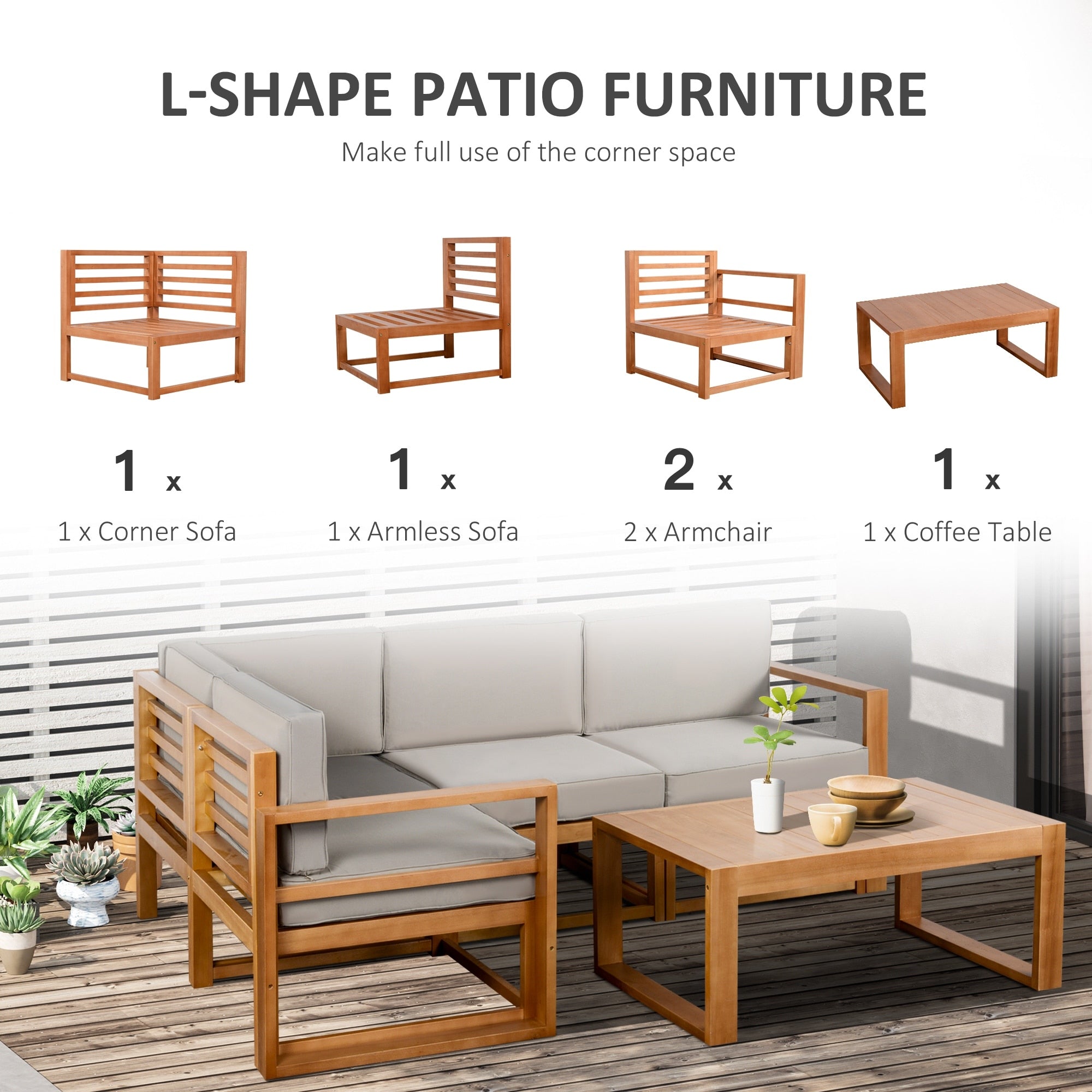 Ensemble de mobilier de patio Outsunny 5 pièces en forme de L, canapé d'angle extérieur en bois, gris