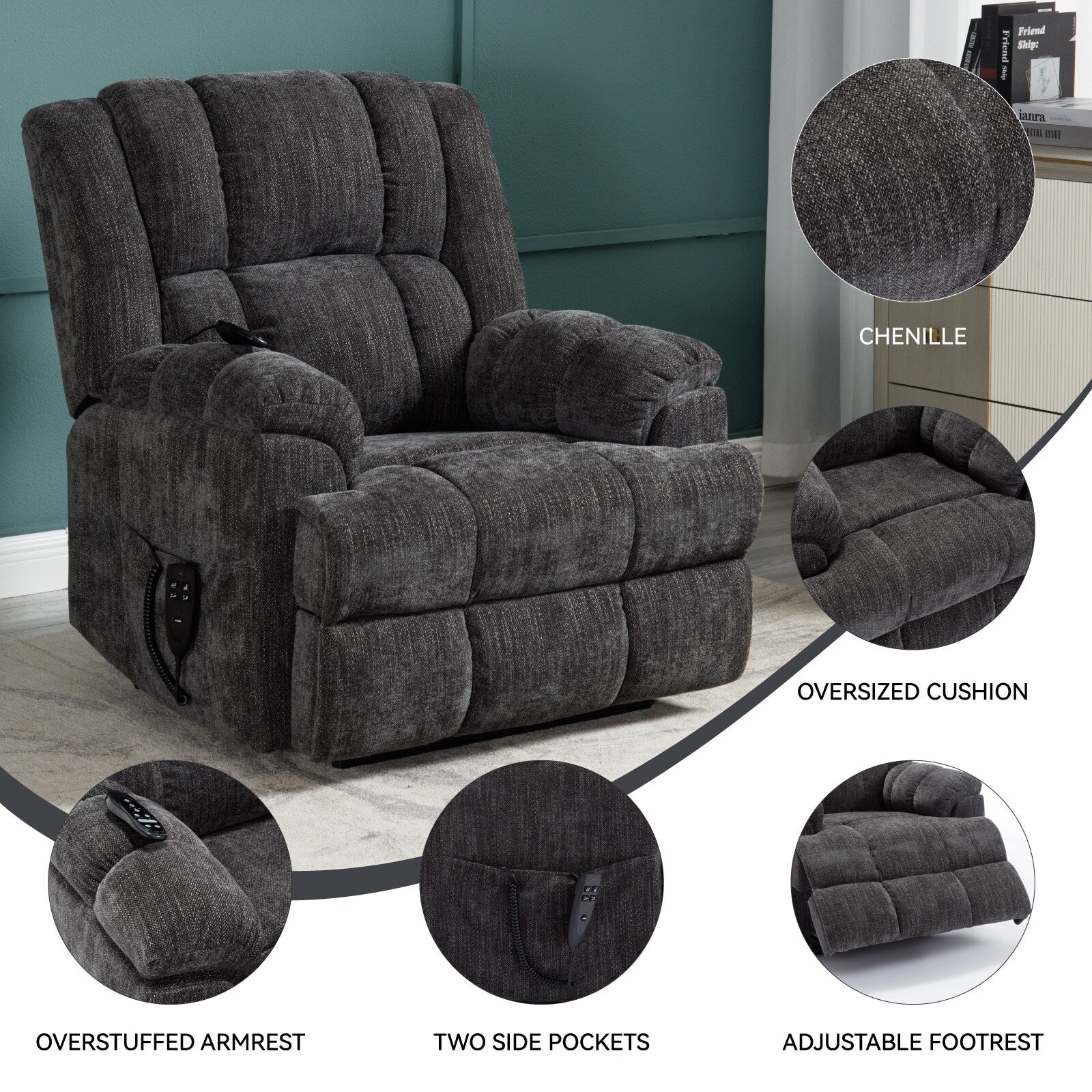 Fauteuil inclinable électrique surdimensionné en chenille avec massage et chauffage lombaire, inclinaison à positions infinies
