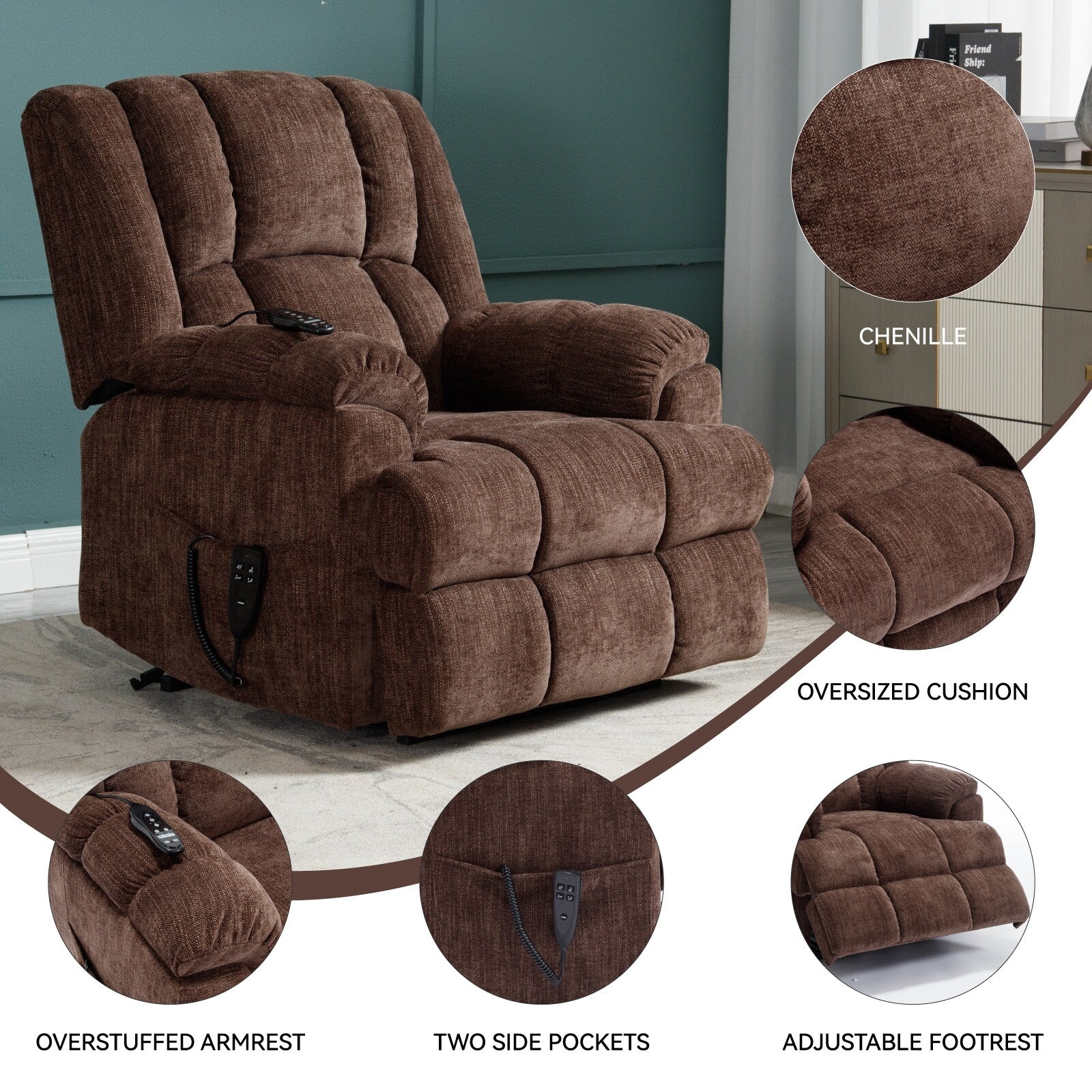 Fauteuil inclinable électrique surdimensionné en chenille avec massage et chauffage lombaire, inclinaison à positions infinies